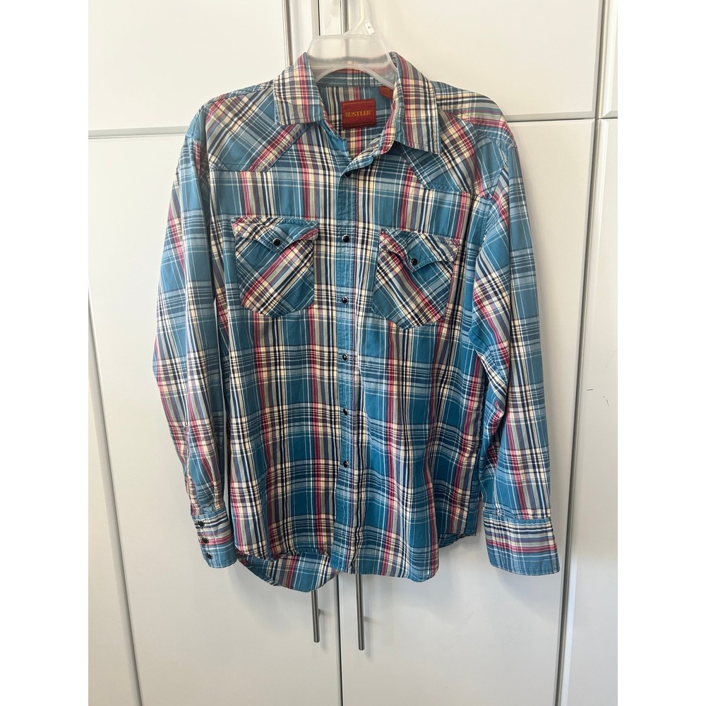 Rustler Mens Blue Red Plaid Western Pearl Snap Shirt Long Sleeve Cotton Size M